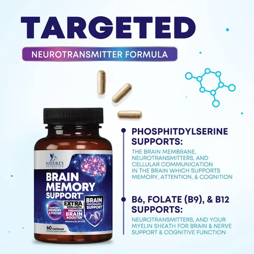 Vista 7 de Píldoras de suplemento de memoria cerebral, nootrópicos de fuerza 3X para concentración, claridad y apoyo de enfoque, salud cerebral, vitaminas