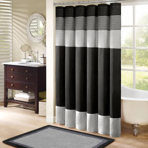 Vista 12 de Madison Park Amherst - Cortina de ducha para baño, 72 x 72 pulgadas, seda sintética, color aguamarina Clásico moderno, brillo ligero, a rayas