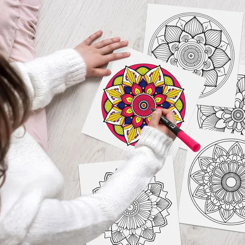 Vista 5 de Hiwhy 48 tarjetas para colorear de mandala de 10 x 10 pulgadas, cartulina para colorear para aliviar el estrés, relajación, patrón de mandala