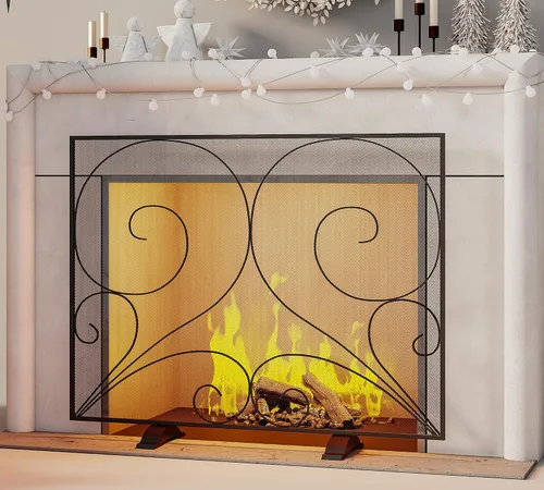 Vista 2 de Fire Beauty Pantalla de chimenea de un solo panel hecha a mano de malla de hierro forjado sólido, protector contra chispas de fuego resistente al