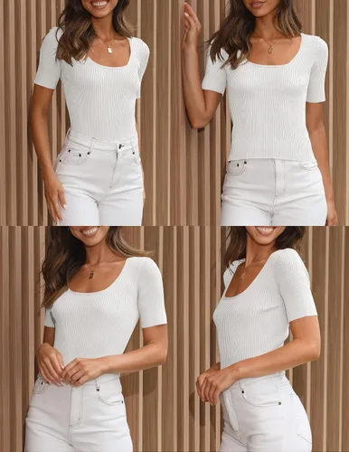Vista 5 de ZESICA Camisetas de manga corta con cuello cuadrado para mujer, ajustadas, de verano, de punto acanalado, básicas, casuales