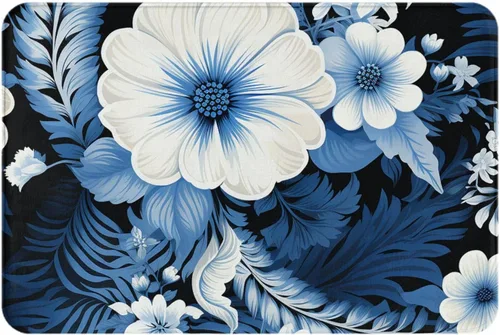 Vista 3 de Tapete para puerta delantera, tapete de bienvenida con estampado floral azul y blanco, absorbente, antideslizante, tapete de entrada suave, alfombra
