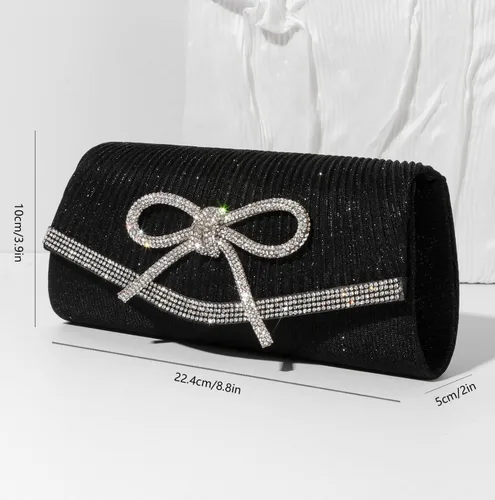 Vista 5 de Bolso de mano con lazo para mujer, de noche, brillante, con purpurina, para bodas, con brillos, de strass, para fiestas, de graduación, elegante