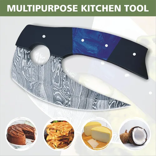 Vista 7 de Damascus Steel Alaskan Ulu con funda, cortador de pizza perfecto de 5.8 pulgadas, picador Mezzaluna para cocina, auténtico diseño esquimal inuit