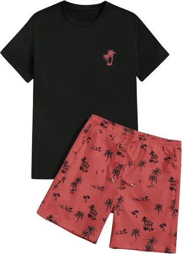 Vista 77 de GORGLITTER Conjunto de 2 piezas de camiseta gráfica de manga corta para hombre, estampado hawaiano con cordón y pantalones cortos