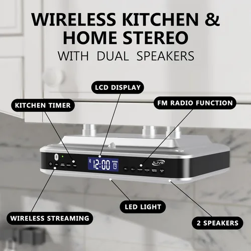 Vista 2 de iLive Radio FM Bluetooth para debajo del gabinete para cocina, estéreo inalámbrico con reloj y temporizador incorporados, 20 preajustes de FM, LCD