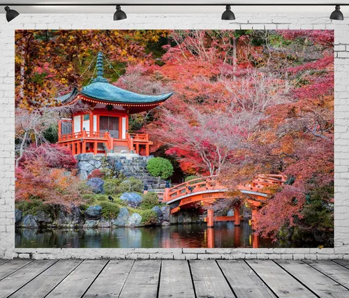 Vista 2 de BELECO Telón de fondo japonés, 5 x 3 pies, templo japonés Daigo-ji, ciudad de Kioto, otoño, arces rojos, paisaje, río, puente de jardín, telón
