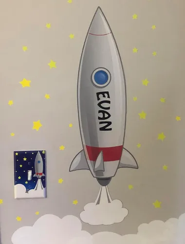 Vista 3 de Calcomanías de pared de barco cohete Un espacio divertido para decoración de habitación de niños, mural con estrellas y calcomanías de nombre