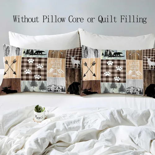 Vista 4 de LUVIVIHOME 2 piezas de funda de edredón con diseño de osos, alces y ciervos en negro, juego de cama individual, ropa de cama rústica de estilo La