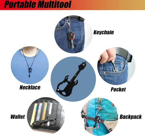 Vista 3 de Llavero multiherramienta de guitarra, herramienta de bolsillo, herramienta de cartera, llavero abridor de botellas 12 en 1 (guitarra, negro)