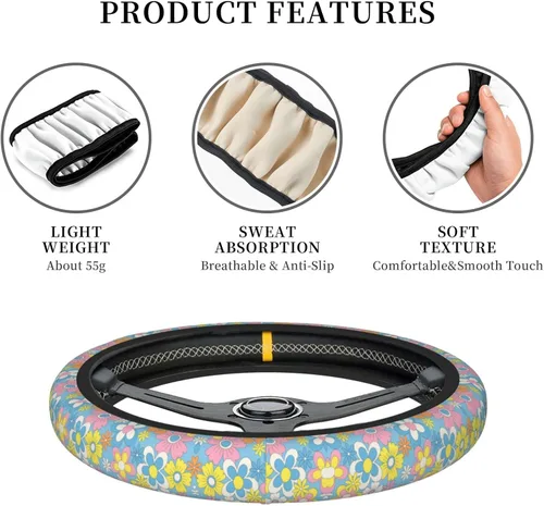 Vista 3 de Funda universal para volante de flores retro de 15 pulgadas, accesorios de automóvil, protector para mujeres y hombres