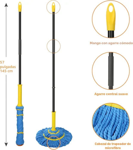 Vista 6 de Trapeadores giratorios autoescurridizos para limpieza de suelos, fregona de microfibra con mango largo de 57 pulgadas, fregona fácil de escurrir