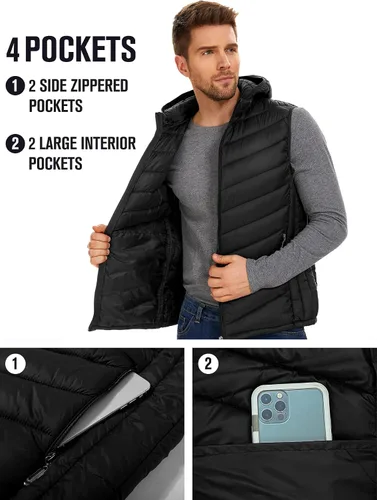 Vista 3 de YKR Chaleco acolchado para hombre, chaleco de plumón de invierno, con capucha, cremallera, sin mangas, con bolsillos