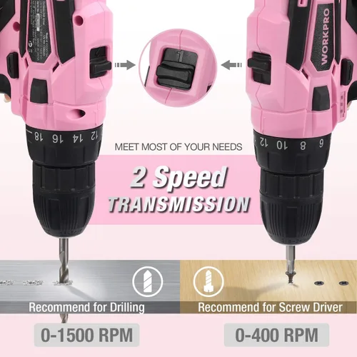 Vista 4 de WORKPRO Taladro inalámbrico rosa de 12 V y kit de herramientas para el hogar, juego de herramientas manuales para bricolaje, mantenimiento