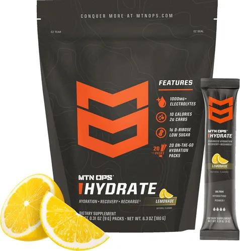 Vista 12 de MTN OPS Hydrate Electrolytes - Mezcla de bebida en polvo, 20 paquetes de electrolitos individuales para llevar con más de 1000 mg de electrolitos