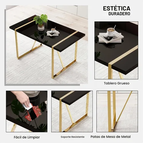 Vista 4 de Mesa de comedor Ebullient para 4, mesa de comedor rectangular negra de MDF, tapa de mesa de cena de mármol falso, mesa de comedor moderna con marco