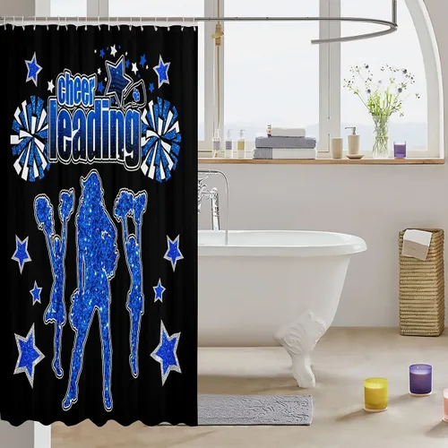 Vista 3 de Cortina de ducha de animadoras, cortina impermeable con purpurina azul vaquero para adolescentes y mujeres, cortina de baño de equipo animador