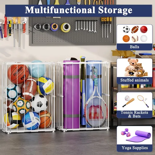 Vista 6 de Garage Ball Storage, Wall-Mounted & Floor Ball Holder with Elastic Rope, Sports Equipment Organize Ball Rack for Basketball, Soccer, Volleyball