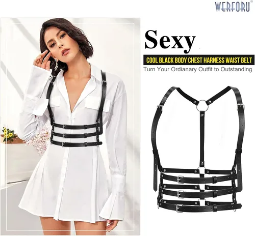 Vista 3 de WERFORU Cinturón punk ajustable de piel sintética negra para mujer, para Halloween, Negro
