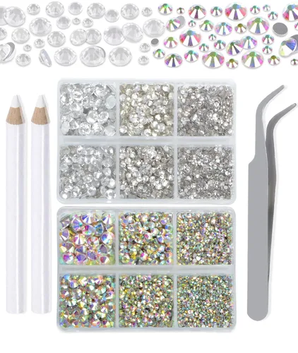 Vista 14 de LPBeads 6000 unidades de diamantes de imitación negros no termofijos, 6 tamaños, cristal redondo, con parte trasera plana, pinzas y bolígrafo