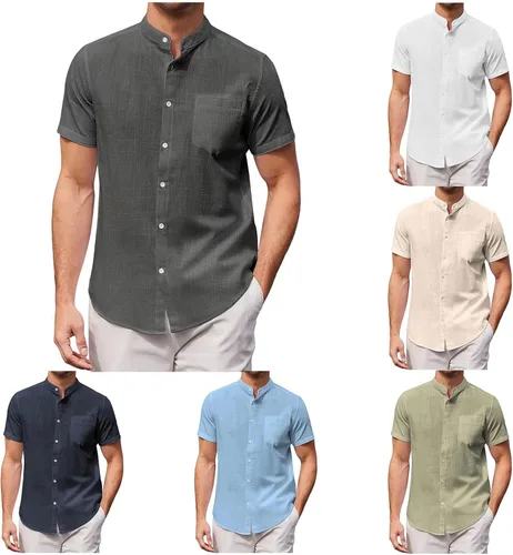 Vista 4 de Camisas de lino de algodón con cuello de banda, camisas casuales de manga corta con botones, ajuste delgado, para verano, playa, con bolsillo