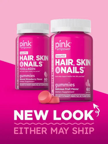 Vista 7 de Gomitas de uñas para la piel del cabello, 60 unidades, colágeno grande, vitaminas sin OMG y sin gluten para mujeres, sabor a fresa, de Pink