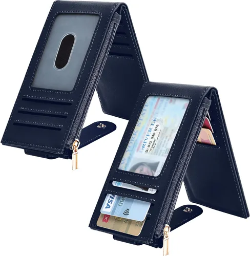Vista 2 de Chelmon Billetera de mujer delgada con bloqueo RFID plegable multitarjetas con bolsillo con cremallera, Azul marino, Talla única, Minimalista