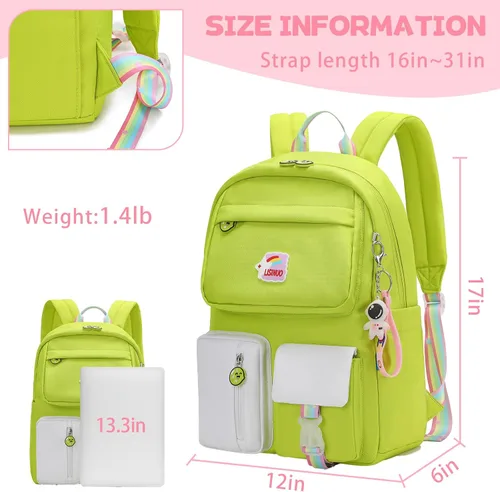 Vista 2 de AUOBAG Mochilas Kawaii para niñas, mochila con colgante gratuito incluido, perfecto para niños de escuela primaria, Verde, Mochilas tradicionales