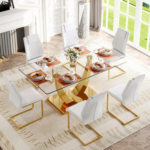 Vista 10 de Juego de mesa de comedor de cristal de 63 pulgadas para 4, mesa de comedor para 4, mesa de comedor con patas y base de acero inoxidable, sillas