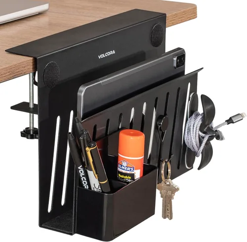 Vista 10 de Volcora Almacenamiento lateral, soporte para debajo de la laptop, organizador sin taladros con caja magnética para bolígrafos, abrazadera