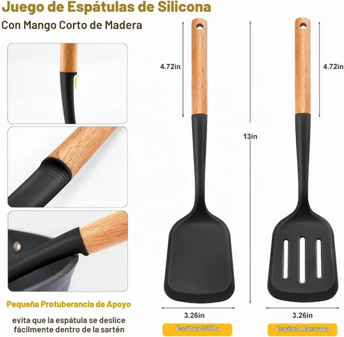 Vista 2 de Juego de 2 espátulas de silicona con elegante mango de madera, resistente al calor, sólido y ranurado para sartenes antiadherentes, grandes Negro