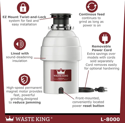 Vista 3 de Waste King Legend Series 1 HP - Triturador de basura de alimentación continua con cable de alimentación, (L-8000) y tapón de eliminación de basura