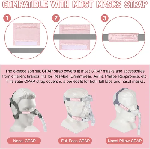 Vista 2 de Paquete de 8 fundas de satén para correas CPAP, almohadillas universales para protección de la cabeza, almohadillas de cojín para máscara facial