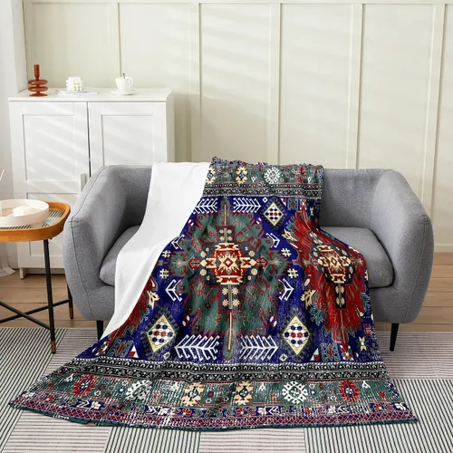 Vista 22 de Erosebridal Manta Bohemia de Tiro 40x50 Pulgadas, Retro Azul Amarillo Degradado Rojo Floral Bohemio Tribal de Vellón, Vintage Antiguo Enrejado