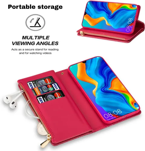 Vista 4 de Funda de teléfono para Huawei P30 Lite/Nova 4E con protector de pantalla de vidrio templado y correa para la muñeca Bling Glitter Flip Zipper