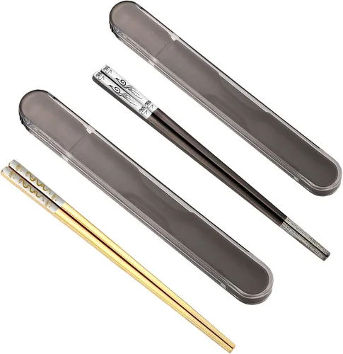 Vista 16 de Palillos portátiles con diseño de tira, juego de palillos de metal reutilizables de acero inoxidable con revestimiento de titanio para la escuela