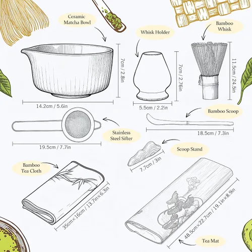 Vista 3 de Juego de té matcha tradicional, juego completo de 8 piezas con cuenco de cerámica Chawan con boquilla, batidor de bambú y soporte, cuchara, tamiz