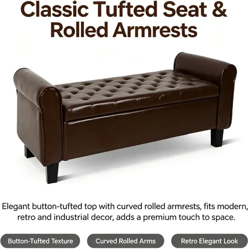 Vista 4 de 51 Inch Brown Faux Leather Storage Ottoman Bench with Rolled Armrests Leather-brown-51 Inch