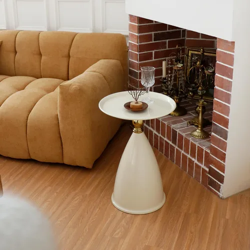 Vista 4 de Mesa auxiliar redonda pequeña para espacios pequeños, mesa auxiliar moderna con pedestal blanco para sala de estar, mesa de bebidas con acento