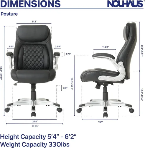 Vista 3 de Nouhaus +Posture Silla ergonómica de oficina de cuero PU. Soporte lumbar Click5 con apoyabrazos FlipAdjust. Silla ejecutiva moderna y silla de Negro