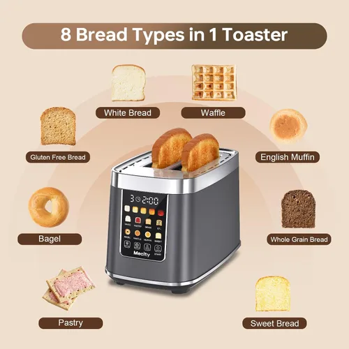 Vista 2 de Mecity Tostadora de 2 rebanadas con pantalla táctil y elevación automática, tostadora de acero inoxidable de tacto frío con 8 ajustes de pan, 5