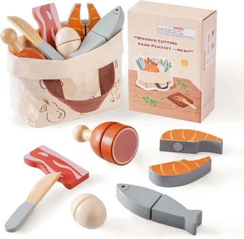 Vista 10 de ROBOTIME Juego de comida de madera 4 en 1, juego de juguete de simulación para jugar cocina con bolsa de compras, accesorios de cocina para niños
