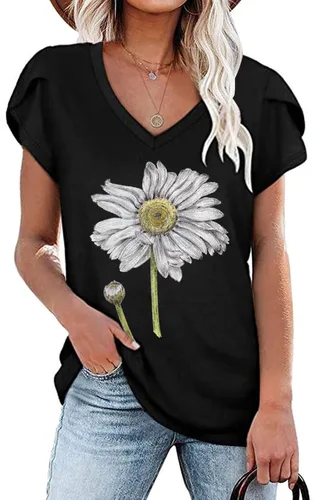 Vista 2 de Camisetas de manga corta para mujer, estilo casual, de verano, con estampado floral, cuello redondo, ajuste holgado