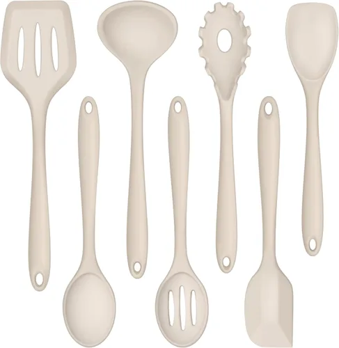 Vista 9 de TeamFar Juego de 7 utensilios de cocina de silicona, herramientas antiadherentes de cocina negras, espátula, cucharón, servidor de pasta
