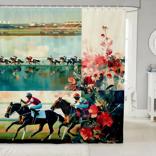Vista 34 de Castle Fairy Watercolr - Cortina de ducha de tela de carreras de caballos, cortinas de ducha de juego de caballos para baño, cortina de ducha