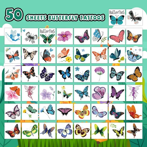 Vista 2 de EMOME 50 hojas de tatuajes temporales de mariposa para niñas, tatuajes envueltos individualmente para fiestas de cumpleaños de mariposas
