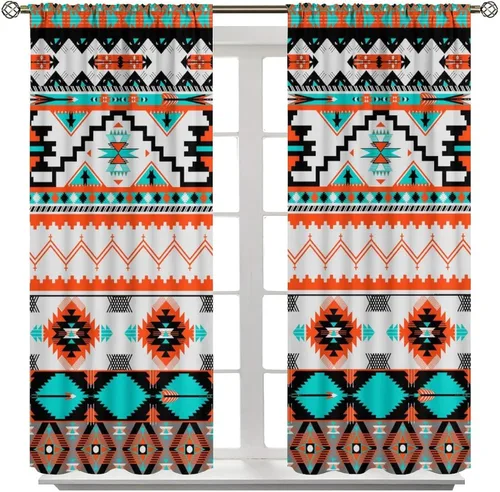 Vista 81 de Cortinas con patrón geométrico tribal, estilo suroeste, azteca, rústico, occidental, nativo americano, opacas, con bolsillo para barra, decoración