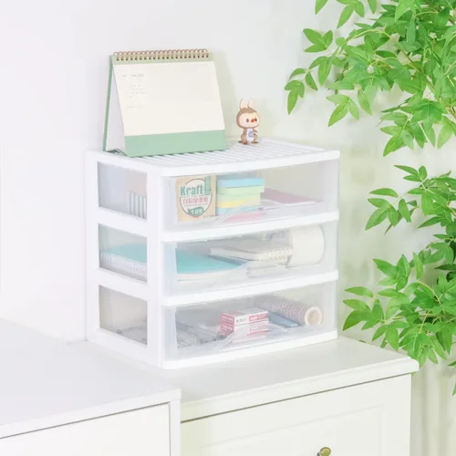 Vista 4 de BYCY Almacenamiento apilable de plástico con 3 cajones, organizador de maquillaje de baño blanco con cajones anchos transparentes, organizador