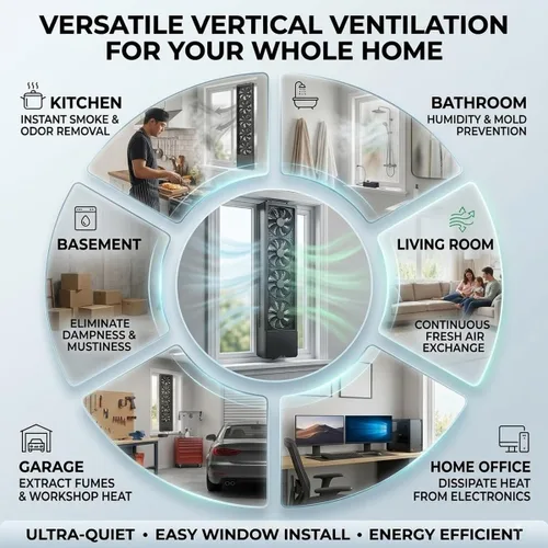 Vista 8 de Ventilador de ventana vertical delgado para ventanas corredizas, inserto de ventilador de escape reversible, sin taladro, ventilador de escape Blanco