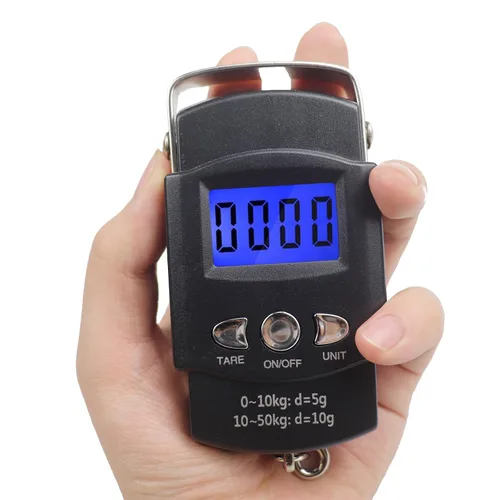 Vista 4 de Báscula de pesca, máx. 110 libras110.2 lbs, balanza de equipaje retroiluminada, pantalla LCD portátil, balanza digital para colgar con cinta métrica.